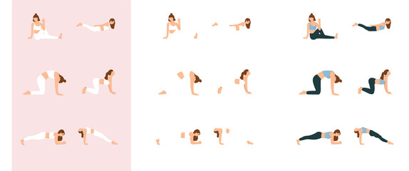 Illustration de plusieurs positions de yoga. Exercice réalisée par une jeune femme. 