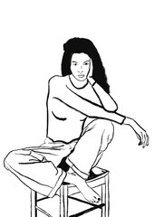 Jeune femme assise en tailleur sur un tabouret. Esquisse monochrome type linogravure 