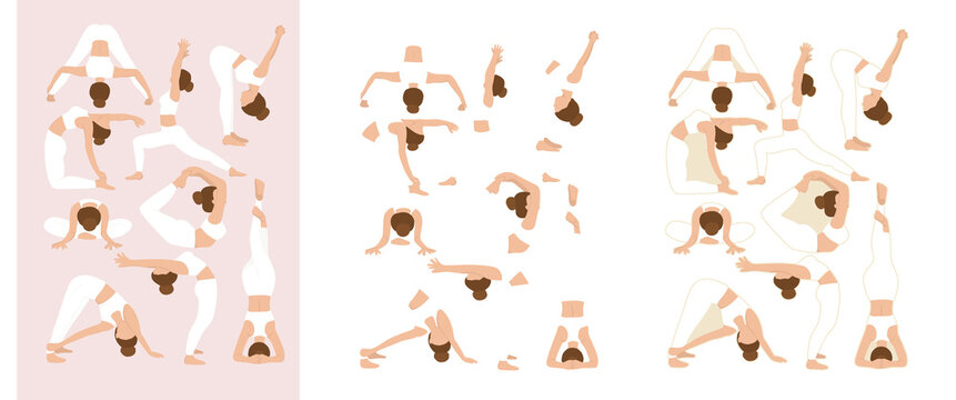 Position de yoga fait par une jeune femme, exercice de bien &ecirc;tre. Illustration r&eacute;aliste et minimaliste 