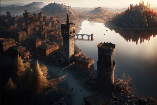 An ancient medieval fantasy role playing city, seen from high up by a tower