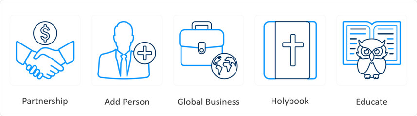 A set of 5 mix icons as partnership, add person, global business