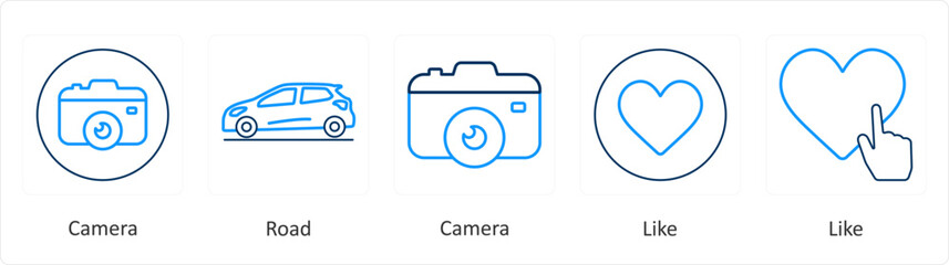 A set of 5 mix icons as camera, road, like
