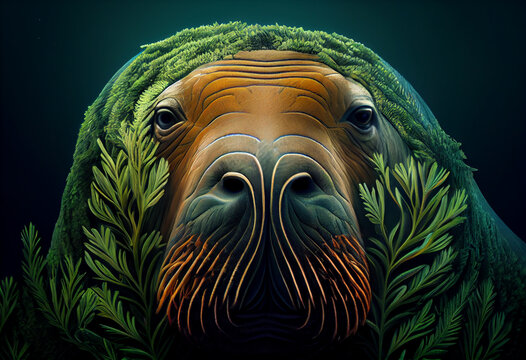 Beautiful abstract, Pacific Walrus on autumn leaves background. Generative AI technology.