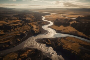 Fototapeta na wymiar Bird's eye view of a river running through Iceland. Generative AI