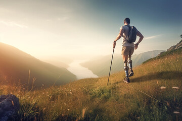 Man with prosthetic leg hiking in the outdoor highland during spring summer. Created with Generative AI technology. - obrazy, fototapety, plakaty