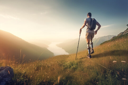 Man with prosthetic leg hiking in the outdoor highland during spring summer. Created with Generative AI technology.