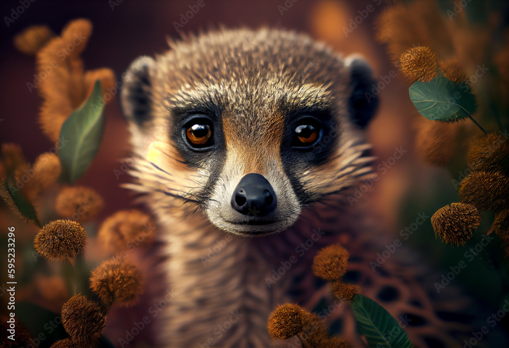 Poster beautiful abstract, meerkat on autumn leaves background. generative ai technology.