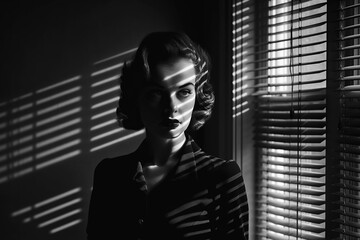 black and white portrait of a woman in style of films in noir at window with light through blinds. Generative AI