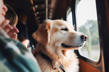 Obedient golden retriever pet dog riding in public transport train coach together with owner. Created with Generative AI technology.