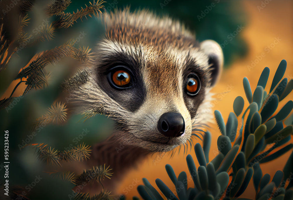 Poster beautiful abstract, meerkat on autumn leaves background. generative ai technology.