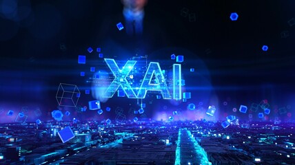 XAI- businessman working and touching with augmented virtual reality at night office.