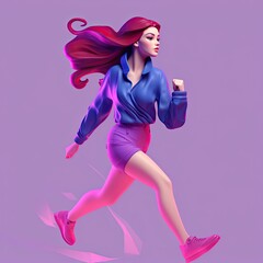 Attractive strong cartoon character cartoon business woman in sportswear running isolated over purple background.