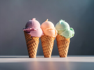 Set of three different ice cream cones in waffle cones on a gray background. Generative AI