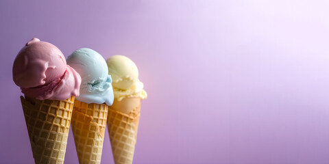 Set of three different ice cream cones in waffle cones on a purple background. Generative AI