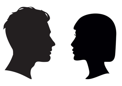 Man and woman face to face silhouette. SIlhouette of a head. Man and woman head in profile. Vector illustration.