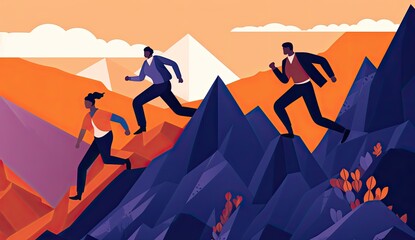 Teamwork success - Team of business people walking up the mountain. Challenge Working together creates progress and winners. Generative AI.