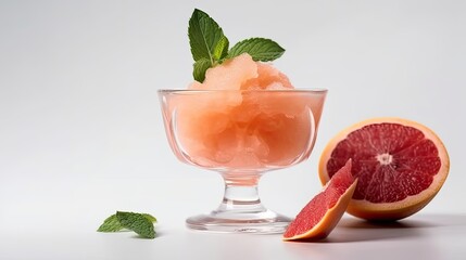 Grapefruit sorbet in a glass with grapefruit slices and mint leaves on White Background with copy space for your text created with generative AI technology - obrazy, fototapety, plakaty