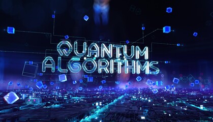 Quantum algorithms- businessman working with virtual reality at night office.