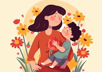 Happy mother's day.Mother and kids child with arms holding each others and be surrounded by flowers.Generative AI.