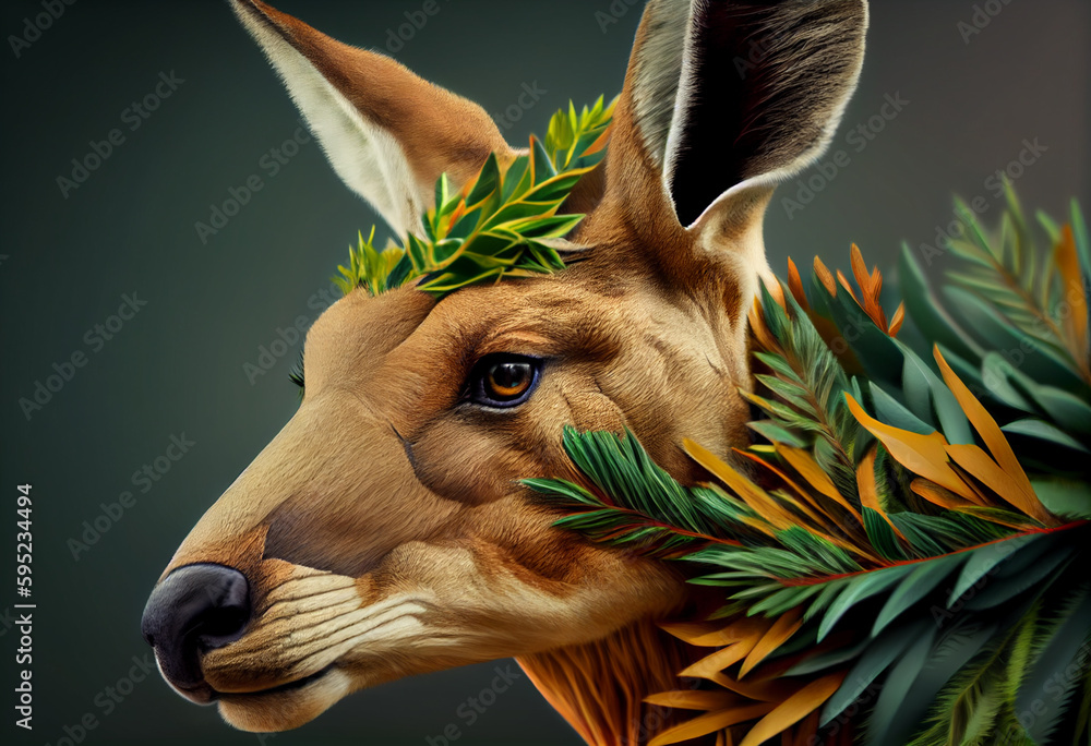 Poster beautiful abstract, kangaroo on autumn leaves background. generative ai technology.