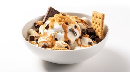 S'mores ice cream in a bowl with graham cracker pieces, chocolate chunks, and marshmallow swirls on White Background with copy space for your text created with generative AI technology