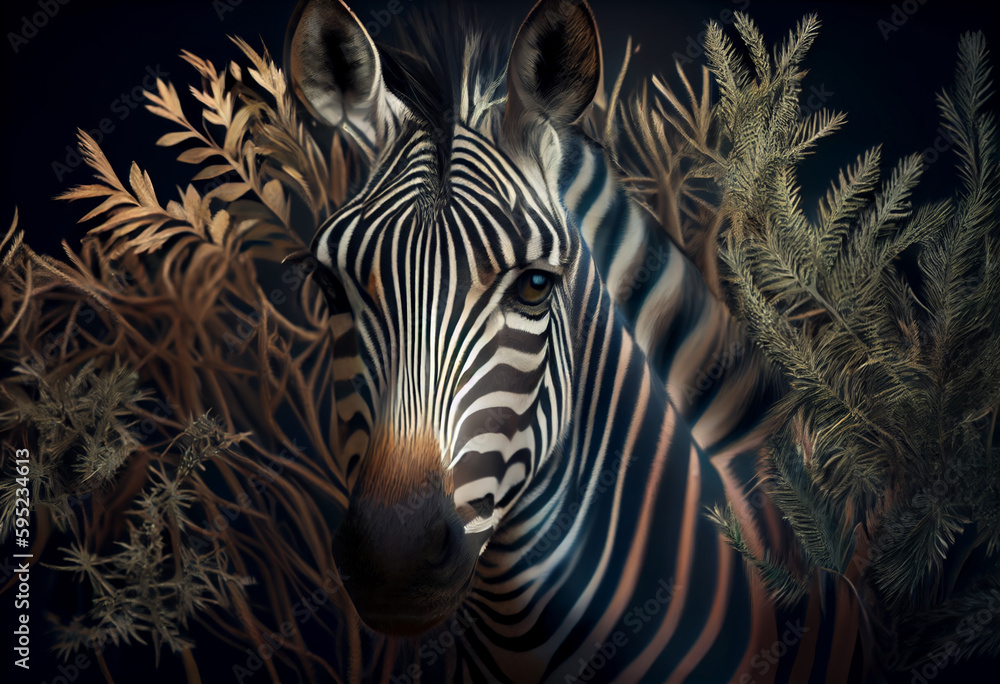 Poster beautiful abstract, grevy's zebra on autumn leaves background. generative ai technology.