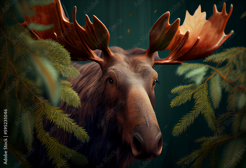 Poster Beautiful abstract, Eastern Moose on autumn leaves background. Generative AI technology.
