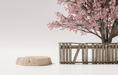 Abstact 3d render Natural background, Stone podium with cherry blossom flower behind the wooden fence for poduct luxury beauty display, cosmetic, mock up or etc