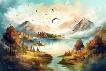 Charming mountain scenery with hills, lake, bird, clouds, in watercolor illustration poster. Generative AI