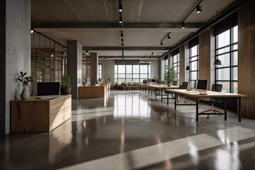 Fototapeta na wymiar Spacious, modern office with polished concrete floors, wood accents, linear composition, and strip lights. Keywords: coworking, architecture, open, desk, large space, realistic,. Generative AI