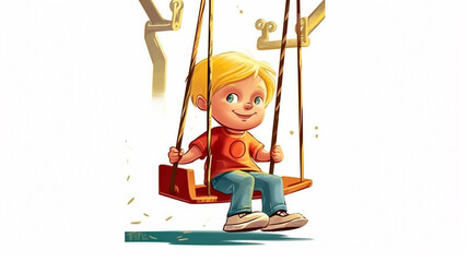 Cartoon illustration of kindergarten child playing on swing on white background