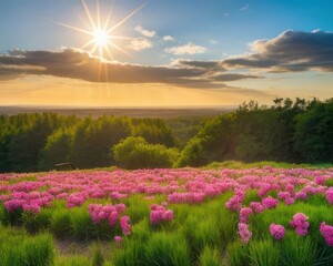 A photograph of spring nature background with fresh grass and flowers at sunrise made by Generative AI