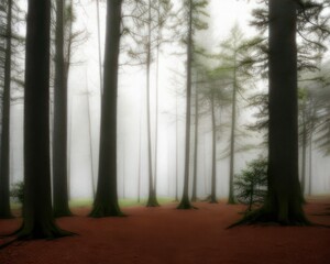 misty morning in the pine forest. Generative AI