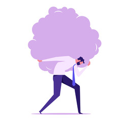 Over thinking, obsessive in work or too many problems that cannot make decision concept, tried depressed businessman carry heavy thinking bubble burden