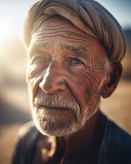 Close up Porträt eines alten Mannes mit faltigem Gesicht. Alter Mann in der Wüste. Mann mit starken Falten und Schweissperlen. KI generiert - obrazy, fototapety, plakaty