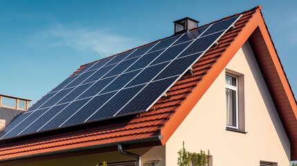 Fototapeta premium Family house with solar panels and sunrise solar energy system Sunset.