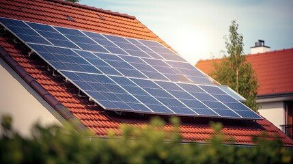 Family house with solar panels and sunrise solar energy system Sunset.