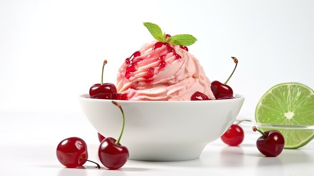 Cherry limeade ice cream in a dish with cherry and lime syrup swirls on White Background with copy space for your text created with generative AI technology