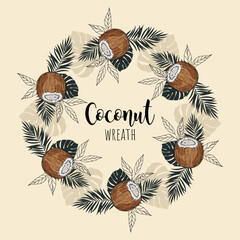 Wreath with coconut and leaves with space for text. Cartoon organic sweet food. Summer fruits for healthy lifestyle. Vector illustration for any design.