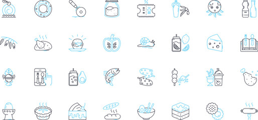 Bakeware linear icons set. Muffin, Cake, Bread, Pie, Pastry, Tart, Cupcake line vector and concept signs. Roasting,Biscuit,Oven outline illustrations