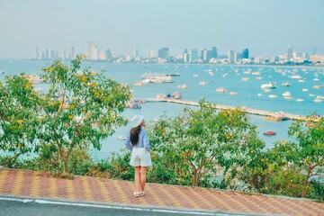 View point on the island of Pattaya sea. At the park of Pattaya in Thailand in summer, city with...