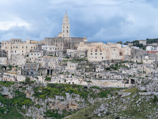 Fototapeta na wymiar Matera, Italy. Amazing view of the Sassi of Matera. Landscape of the historical part of the town. An Unesco World Heritage Site. Touristic destination
