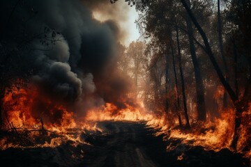 Fototapeta na wymiar Massive fire in woods, devastating inferno, urgent intervention needed. Generative AI