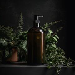 Obraz na płótnie Canvas body oil bottle with fern and floral plants, in the style of dark amber, uhd image, stockphoto, organic form, minimalist sets, clamp, delicate washes