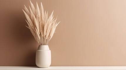 Naklejka premium Vase with decorative dry plant branch against beige wall background. Minimalist interior mockup. Generative AI