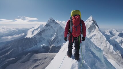 Fototapeta na wymiar Explorer stand in front of high mountain peak winter snowy landscape. Generative AI