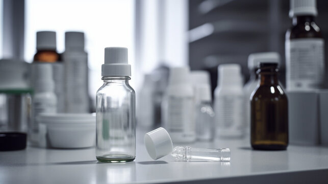 a medicine bottle with a white laboratory in the background , Generative AI