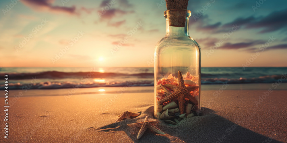 Wall mural Tropical beach at sunset with bottle, seashells and starfish, generative ai