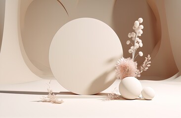 a white object standing in front of sand and flowers, in the style of circular shapes, ethereal lighting, animated gifs, marble, soft tonal range, oversized objects, spot metering