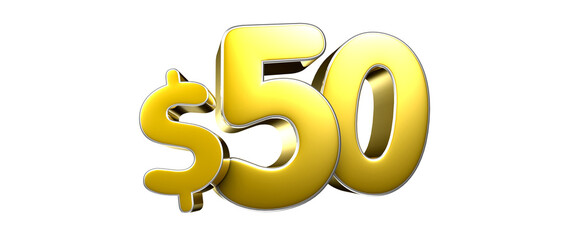 50 dollar figure gold 3D illustration. Advertising signs. Product design. Product sales.